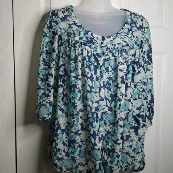 ELLE | Size S | Teal Blue Cream | Blouse - Picture 1 of 8